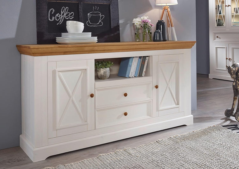 Aparador Woodroom Oslo de madera de pino maciza blanca (ancho x alto x fondo: 169x88x42 cm), cómoda, aparador