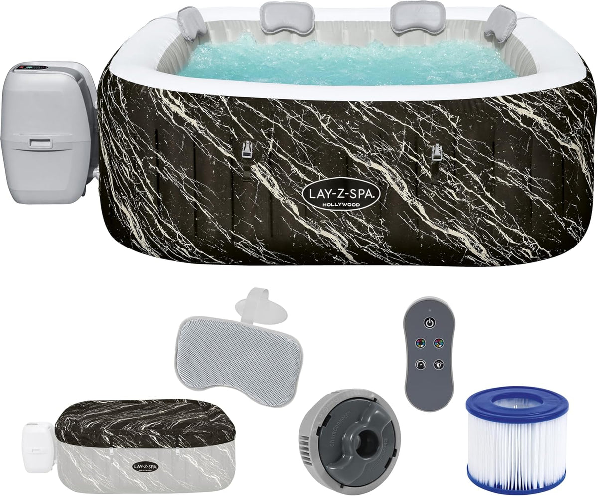 Jacuzzi® inflable con luces LED Bestway® Lay-Z-SPA® Hollywood AirJet™ para 6 personas, 180 x 180 x 66 cm, efecto mármol (Marquinia)