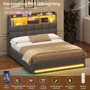 Cama tapizada AOGLLATI 140×200, cama hidráulica con almacenaje e iluminación LED, cama juvenil con puertos USB y tipo C, estructura de cama doble con listones de madera, tela de lino, sin colchón (Gris, 140x200 cm)