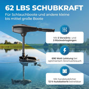 Motor fueraborda eléctrico de 12 V, 62 lbs de empuje, 696 W, modelo 62 para embarcaciones neumáticas con marchas hacia adelante y hacia atrás