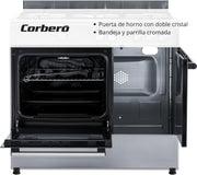 Corberó - Cocina de gas butano 5 fuegos | CC510GB90X | 80x90x60 | Horno de 60L con puerta doble | Wok en el centro | Encendido manual | Cajón calientaplatos | Bandeja y parrilla cromadas | Con tapa | Inox