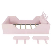 Cama plataforma doble Whisen, cama de suelo tapizada para niños con cojín de conejo, barandillas laterales extraíbles