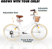 Glerc Missy 20, 24, 26 pulgadas bicicleta híbrida urbana tipo crucero para niñas, de 6 velocidades, con cesta de mimbre, para jóvenes mayores de 6 años, varios colores