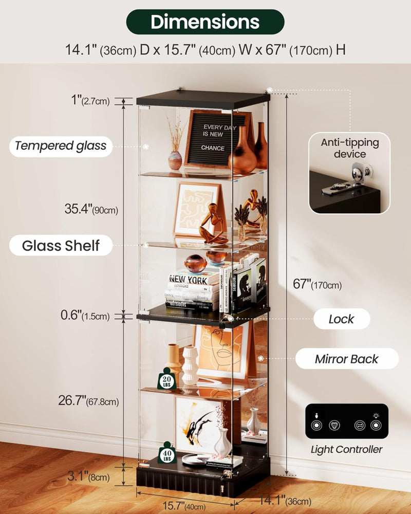 Vitrina de cristal Lvifur con iluminación LED y cajones, vitrina vertical con sensores inteligentes, vitrina de cristal y madera de 5 niveles para objetos de colección, vino, salón, dormitorio