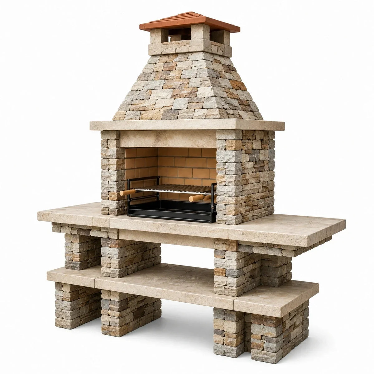Chimenea de piedra natural con parrilla de hierro, 150x50x200 cm, beige