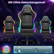 Silla gaming LED Devoko – Silla de oficina ergonómica con función de masaje y reposapiés telescópico, respaldo ajustable (90-135°), para gamers de hasta 150 kg, diseño que cuida la vista, negro