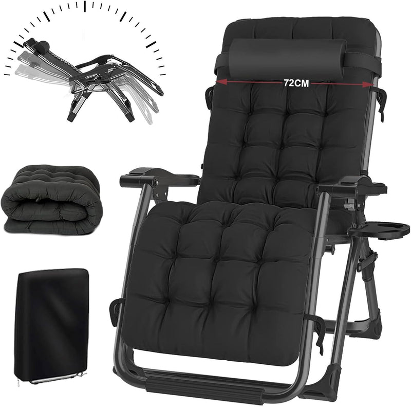 Tumbona plegable, silla de jardín para siestas con respaldo ajustable, silla de jardín extra ancha con cojín, para patio, jardín, playa y piscina, capacidad de carga 240 kg (negro, 72)