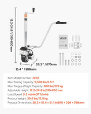 VEVOR Rueda Jockey Eléctrica Motorizada para Remolque 2,5 t, Movedor de Remolque 380 W 12 V, Velocidad de Desplazamiento 7 m/min, Altura de Abrazadera Ajustable 31-63 cm, Neumático de Goma 20,3 cm para Mover Caravanas y Barcos