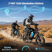 Bicicleta eléctrica OUXI Pro E-Bike Fatbike de 20 pulgadas, batería doble de 2x15Ah con autonomía de hasta 100km, motor de 250W y 60Nm, frenos de disco hidráulicos, suspensión completa, altavoz Bluetooth, portaequipajes delantero