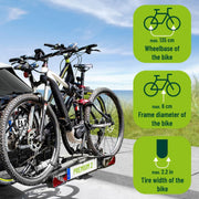 EUFAB 11521 Portabicicletas PREMIUM 2, apto para bicicletas eléctricas, completamente premontado, antirrobo, para 2 bicicletas, para bola de remolque, negro, plata