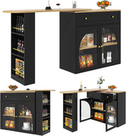 Mesa de bar extensible KOMHTOM, bar de cocina con espacio de almacenamiento, aparador con estantes, vitrina y cajón, mesa de comedor giratoria con armario de almacenamiento (negro)