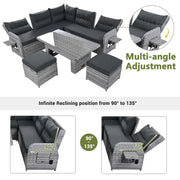 Conjunto de sofá seccional de ratán para exteriores con mesa ajustable y sillones reclinables