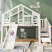 Cama litera infantil Merax 90x200cm, cama casita, litera alta con tobogán, escalera, compartimento de almacenamiento, espacio de almacenamiento, somier, protección anticaídas, con ventana, para 2 niños, sin colchón, blanco/254x96x207cm