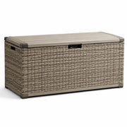 Baúl de jardín de plástico con aspecto de ratán, beige, 120x60x55 cm