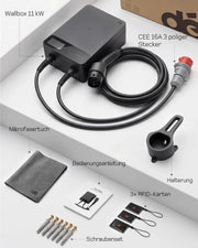 Wallbox 11kW, App, Tipo 2 7,5m, trifásica 400V, negro, soporte de cable, RCD Tipo A 30mA AC/6mA DC, IP54, §14a EnWG