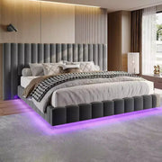 Cama de plataforma tapizada AMERLIFE con luces LED, diseño flotante, soporte de listones sólidos