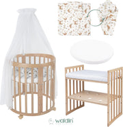 Cuna ovalada evolutiva Waldin, set completo 7 en 1, cuna de barrotes, cama infantil con colchón, cambiador, cuna colecho, madera blanca