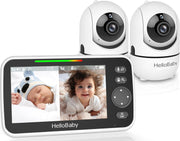 HelloBaby Monitor de bebé con 2 cámaras, pantalla dividida de 5'' y 3500mAh, monitor de vídeo para bebés, sin WiFi, ángulos de visión de 355 grados, visión nocturna, nanas, ECO