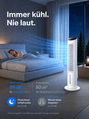 Ventilador de torre DREO con refrigeración silenciosa, ventilador con refrigeración por agua, enfriador de aire de 102 cm, enfriador evaporativo con función de oscilación de 80°, 3 modos, 4 velocidades, control remoto, blanco