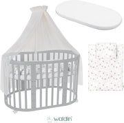 Cuna ovalada evolutiva Waldin, set completo 7 en 1, cuna de barrotes, cama infantil con colchón, cambiador, cuna colecho, madera blanca