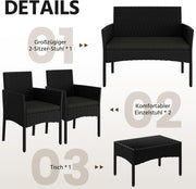 Yaheetech Set de muebles de jardín de 4 piezas, conjunto de muebles de balcón de poliratán para exterior con sofá de 2 plazas, 2 sillas, mesa y cojines para terraza/balcón/jardín, negro y gris