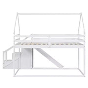 Literas tipo casita con tobogán y escaleras de almacenamiento, litera de madera individual sobre individual para niños con techo y escaleras para niñas y niños