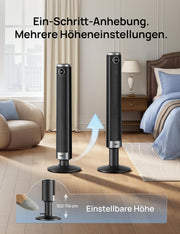 Ventilador de torre inteligente DREO 102–114 cm para dormitorio, altura ajustable, 8,4 m/s, motor CC, 9 velocidades, 4 modos, oscilación de 90°, ventilador de pie, 20 dB silencioso, temporizador de 12 h para el hogar y la oficina, Google/Alexa