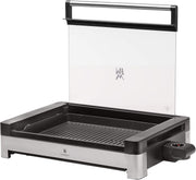 Parrilla de mesa eléctrica WMF Lono con tapa de cristal, placa de grill revestida, bandeja de goteo extraíble, apta para lavavajillas, acero inoxidable mate, 2200 vatios