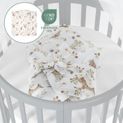 Cuna ovalada evolutiva Waldin, set completo 7 en 1, cuna de barrotes, cama infantil con colchón, cambiador, cuna colecho, madera blanca