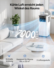 Aire acondicionado portátil 7000 BTU 2,0 kW con manguera de escape | Aire acondicionado portátil 3 en 1 | Sellado de ventana | Control por APP + mando a distancia | Funcionamiento silencioso | Temporizador 24 h | Para habitaciones de hasta 20 m²