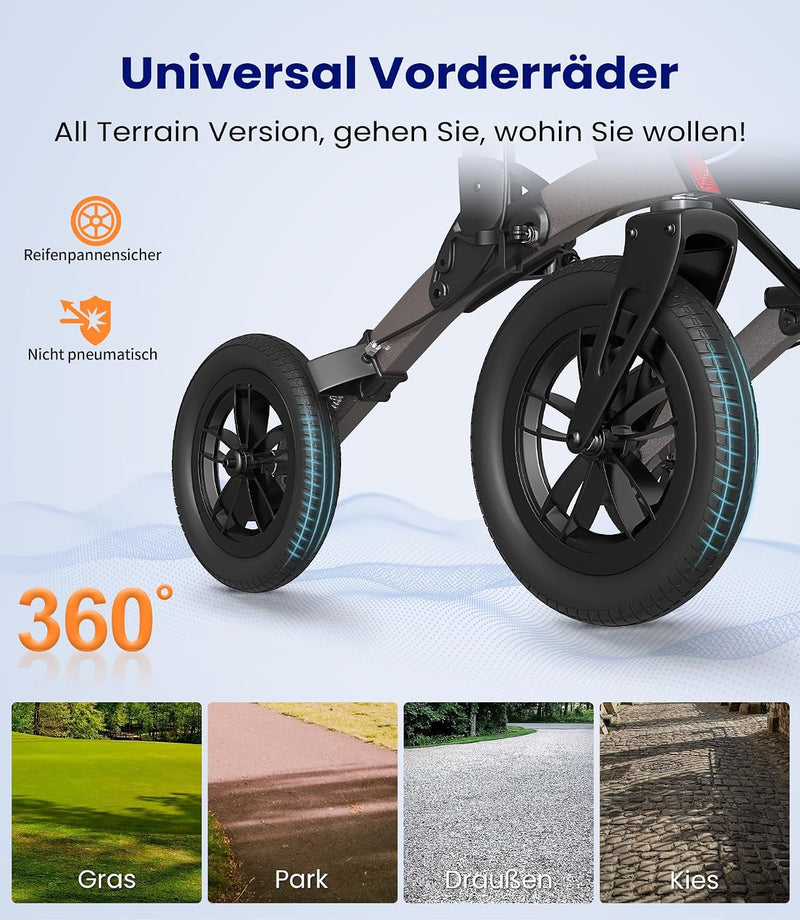 Andador de 4 ruedas con asiento, plegable y ajustable en altura, de aluminio, para exteriores, con neumáticos de goma antipinchazos, capacidad de carga de 136 kg, gris