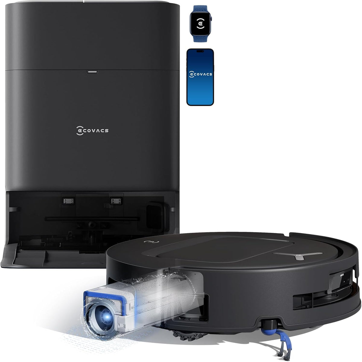 Robot aspirador y fregasuelos ECOVACS DEEBOT T80 Omni, 18 000 Pa, limpieza automática instantánea con rodillo OZMO, ZeroTangle 3.0, lavado con agua caliente a 40-75 ℃, secado con aire caliente, negro