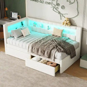 Cama con plataforma tapizada con puertos USB e iluminación LED - Base de cama matrimonial/individual con 2 cajones de almacenamiento - Dormitorio moderno