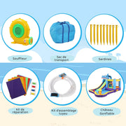 LEADZM Castillo hinchable con soplador, parque acuático inflable con temática de tiburón, con trampolín, tobogán, piscina, pistola de agua, adecuado para 3 niños de 3 a 10 años, 380x260x240 cm