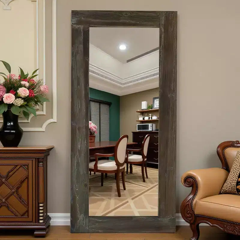 Espejo de cuerpo entero rectangular de madera maciza en ángulo recto, 71x31 pulgadas, usado, color marrón (sin soporte)