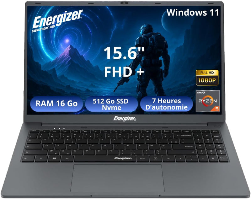 Energizer Energybook Pro 15,6 – PC portátil 15,6’’ FHD IPS, AMD Ryzen 5 3,7 GHz, 16 GB RAM, 512 SSD NVMe, PC portátil Ryzen, Vega 8, batería 6000 mAh, Windows 11, AZERTY (francés)