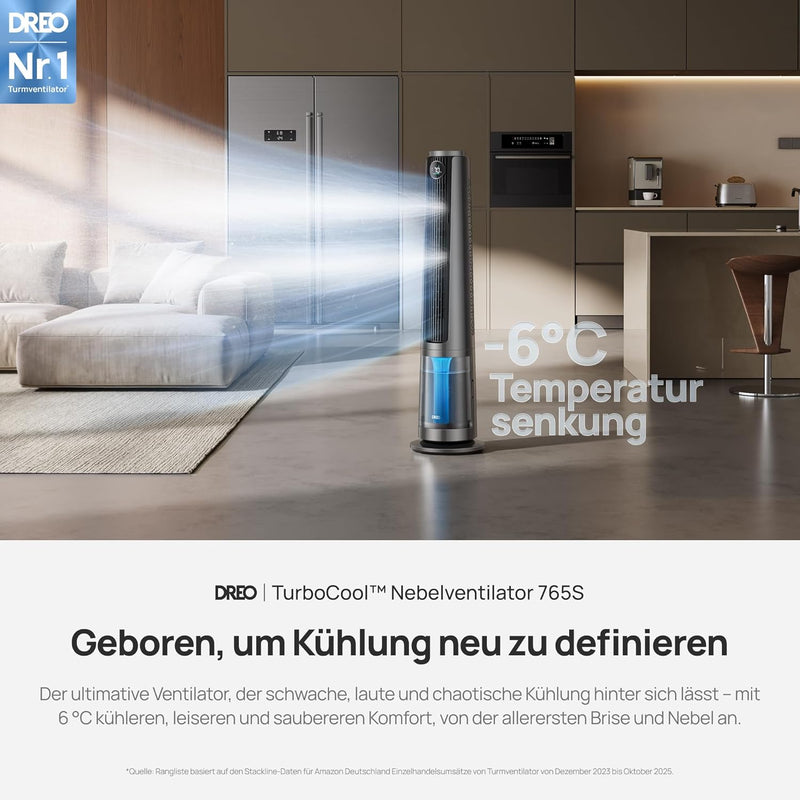 Ventilador nebulizador DREO TurboCool 765S, ventilador de torre 3 en 1 con ultrasonido, Wi-Fi y control por aplicación, depósito de 6 L, flujo de aire de 10,4 m/s, motor de CC silencioso de 20 dB, oscilación de 90°, 12 velocidades, 4 modos