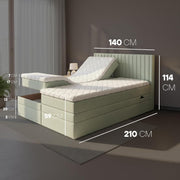 Cama boxspring TRADA ADÈLE 140x200 cm - cama eléctrica con colchón, sobrecolchón y arcón - tapizado de terciopelo - Gris claro
