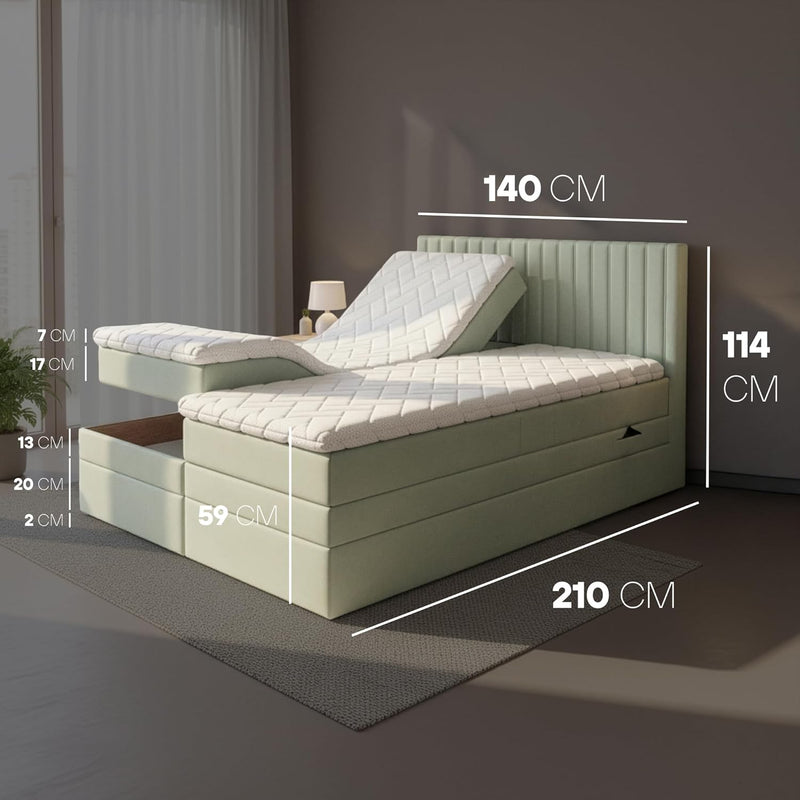 Cama boxspring TRADA ADÈLE 140x200 cm - cama eléctrica con colchón, sobrecolchón y arcón - tapizado de terciopelo - Gris claro