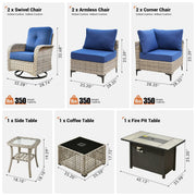 Conjunto de 9 piezas de sillas giratorias de mimbre para exteriores OVIOS con mesa de fuego