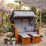 MR. DEKO Strandkorb Ostsee Wacholder PE Negro (Diseño Royal Gris) | Strandkorb de 2 plazas resistente a la intemperie | Tumbona completa de madera dura para dos personas | Strandkörbs para balcón | Silla de playa para jardín