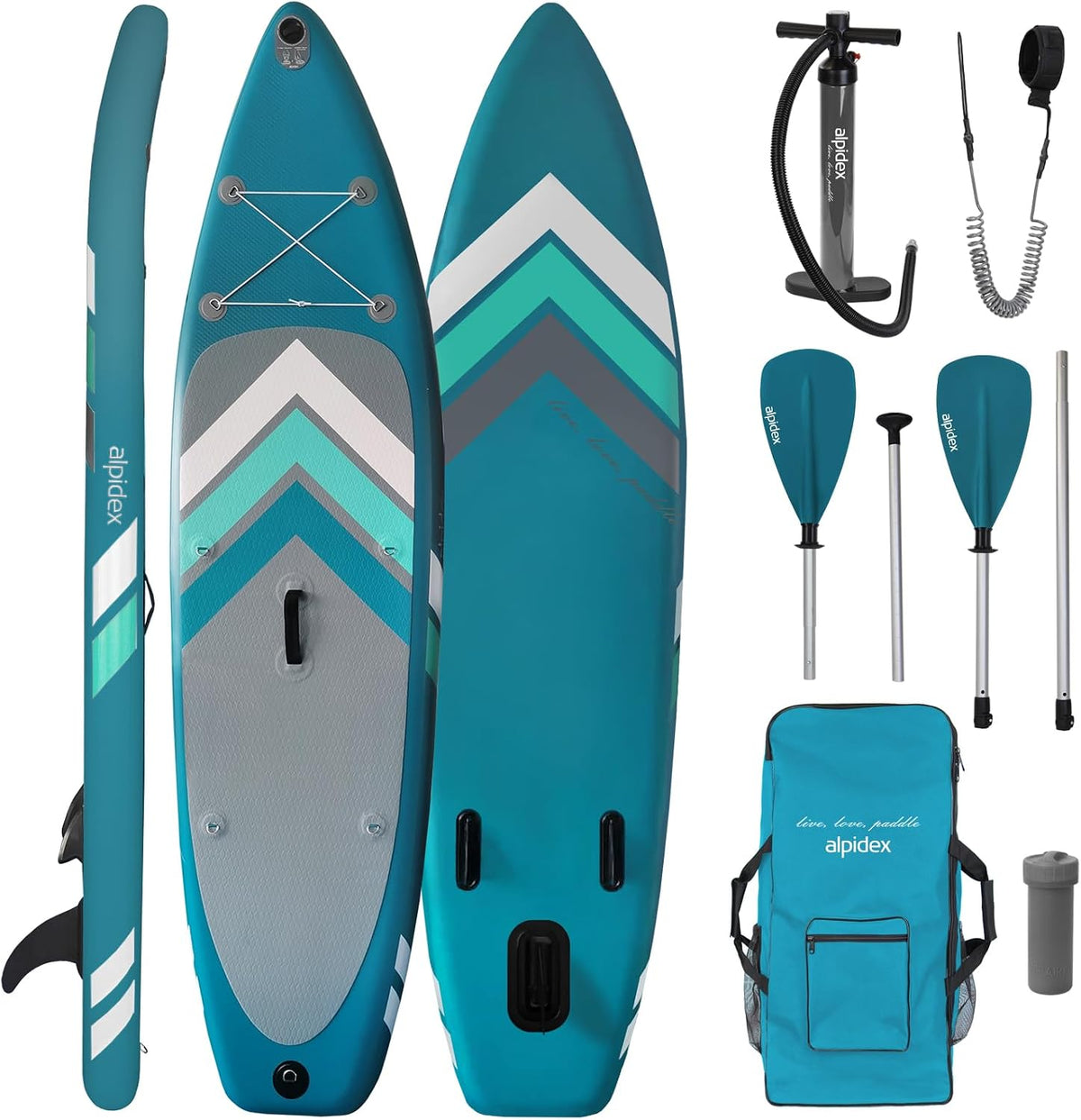 Set de Stand Up Paddle ALPIDEX SUP 305 x 76 x 15 cm Capacidad de carga hasta 150 kg Inflable Estable Ligero Set completo Bolsa de transporte Remo Aletas Bomba de aire Correa Kit de reparación