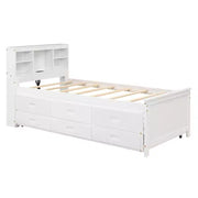 Cama tipo plataforma con nido y cajones, cama tipo plataforma con almacenamiento y USB, cama tipo plataforma de madera con estantería