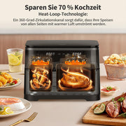 Freidora de aire de 11L, 2 compartimentos, freidora sin aceite 10 en 1 con pantalla táctil digital, ajustable de 30°C a 200°C, 90% menos de grasa, fácil limpieza