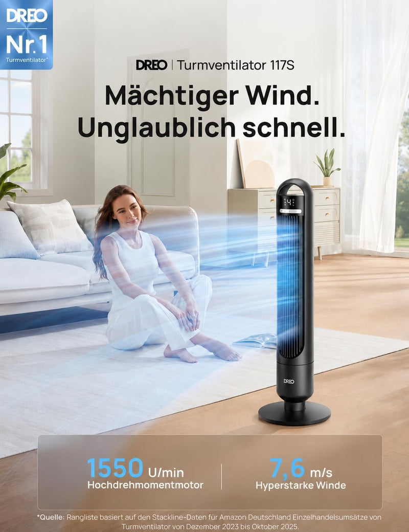 Ventilador de torre inteligente DREO para dormitorio, ventilador de pie silencioso con 28 dB, alcance de aire de hasta 8,8 m, 4 velocidades y 3 modos, temporizador de 8 h, App, Alexa y Google, oscilación de 90°, para el hogar/oficina