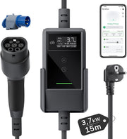 Cargador de coche eléctrico con APP 3,7kW [15m, 6-16A], cable de carga para coche eléctrico con soporte de pared, cargador Tipo 2 con pantalla LCD digital, compatible con E-208, Model Y, E-Tech y otros vehículos eléctricos/híbridos enchufables (EV/PHEV)