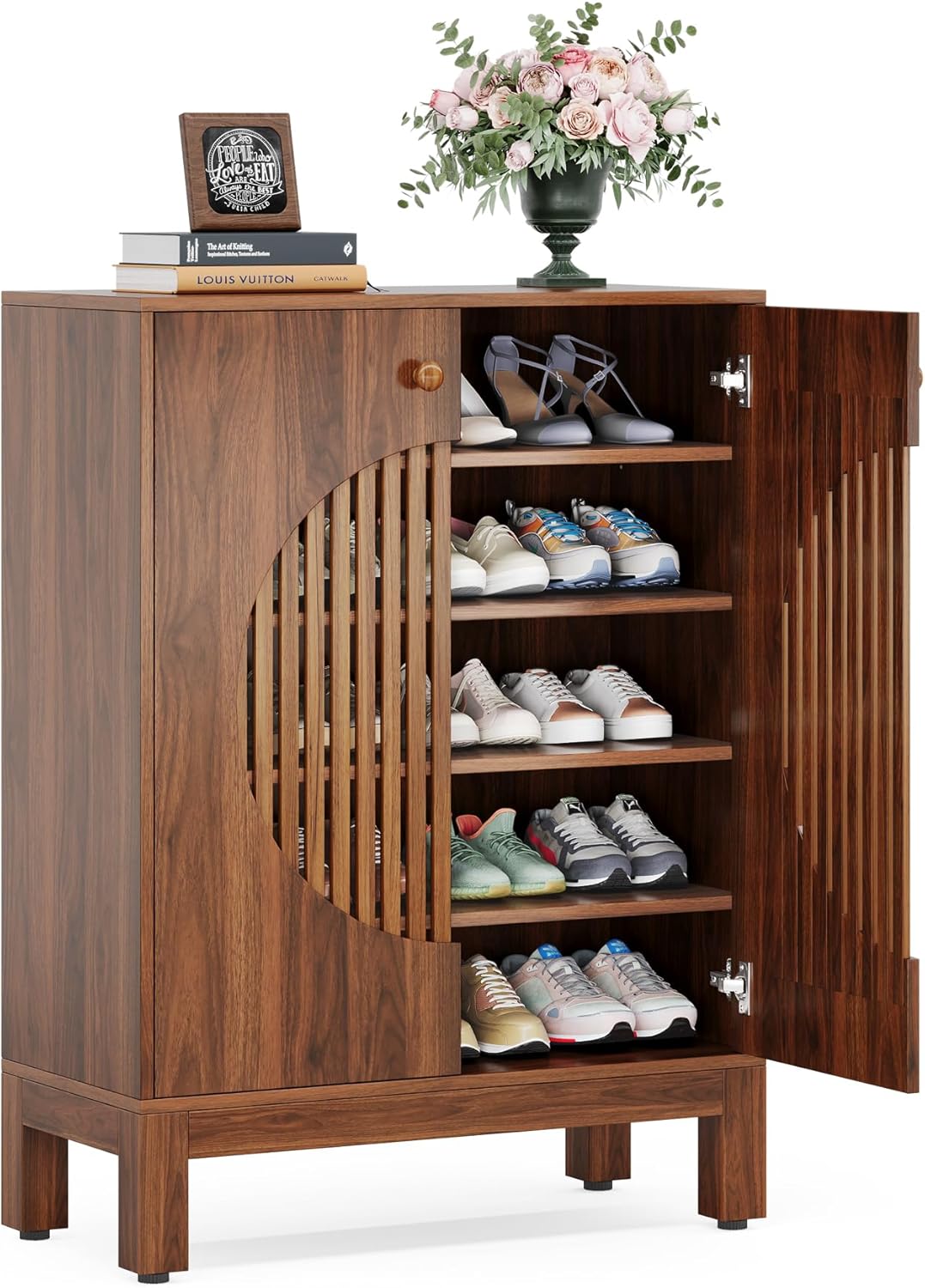 Tribesigns zapatero, estante para zapatos de 5 niveles, mueble zapatero estrecho con puertas de lamas, 20 pares, con estantes ajustables, organizador de madera para entrada, pasillo, salón (marrón)