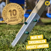 Torre de juegos WICKEY MultiFlyer con tejado de madera, columpio y tobogán verde pastel, torre de escalada para niños al aire libre con arenero, escalera y accesorios de juego para el jardín