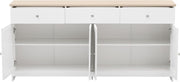 Aparador Ymkua, buffet, cómoda para salón y comedor, armario de almacenamiento con 4 puertas y 3 cajones, armario de salón moderno, 160x37x75 cm, madera y blanco