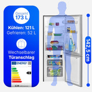 Bomann, Frigorífico y Congelador 173L Inox KG7359 - Frigorífico 121L, Congelador 52L, Iluminación LED, Control de temperatura, Alarma de puerta abierta, Ahorro de energía, Dimensiones 142,5x49,5x56 cm
